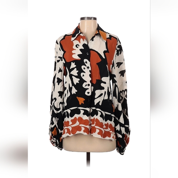 Zara Tops - Zara Black White & Rust Abstract Floral Button-Down Shirt And Matching Shorts